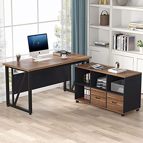 Tribesigns 63" Executive Desk with 47" Lateral File Cabinet, L-Shaped Computer Desk, Brown and Black N680173