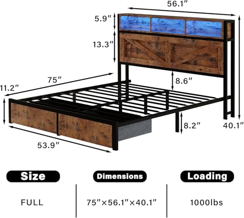 Farmhouse Full Bed Frame with Bookcase Headboard, LED Lights and Charging Station M527023