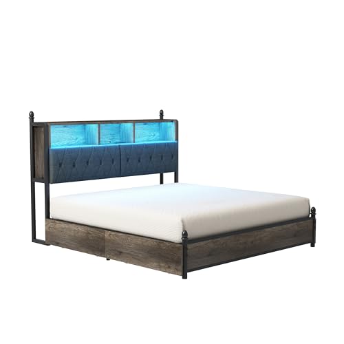 AMERLIFE Full Size Bed Frame with Bookcase Headboard, Charging Station, Rustic Brown H544