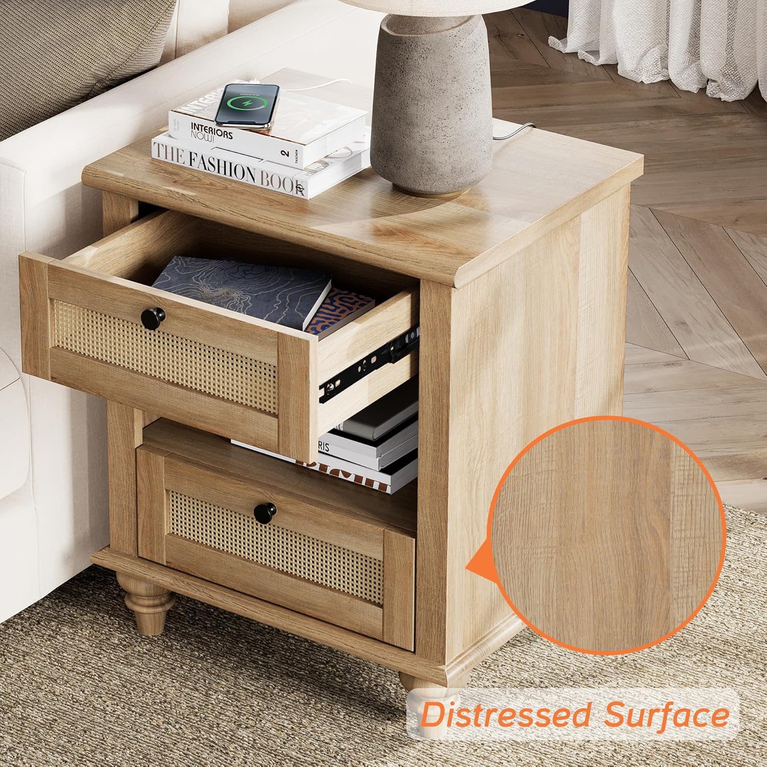 WAMPAT 4 Piece Bedroom Set with 2 Dressers and 2 Nightstands, Oak P906