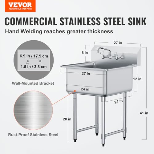 VEVOR Stainless Steel Prep & Utility Sink with Faucet and Legs, 21"x18" Single Bowl L5070