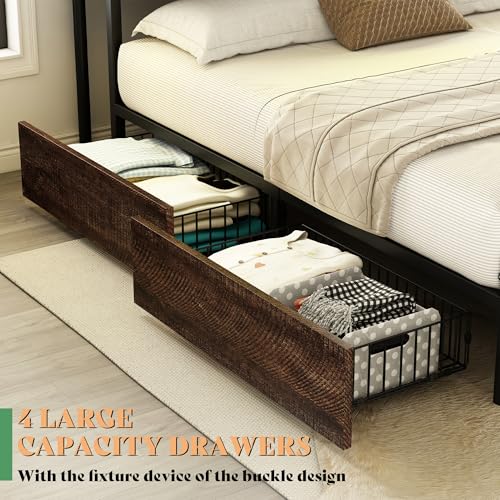 AMERLIFE Full Size Bed Frame with Bookcase Headboard, Charging Station, Rustic Brown H544
