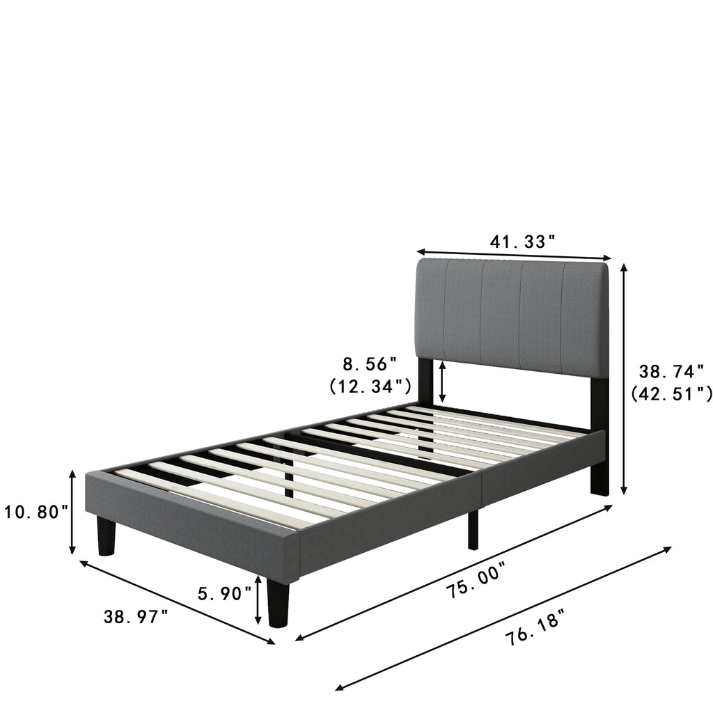 SYNGAR Twin Bed Frame, Fabric Upholstered Platform Bed with Adjustable Headboard, Grey P101127