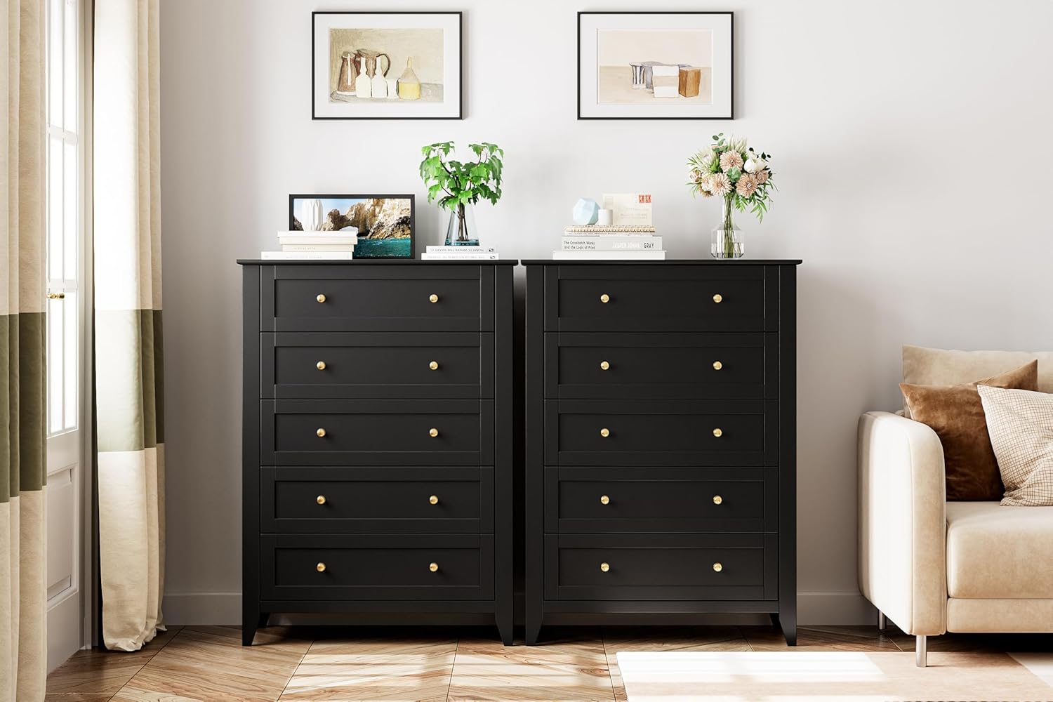 5 Drawer Dresser for Bedroom, Tall Wood Chest with Metal Knobs, Black X296