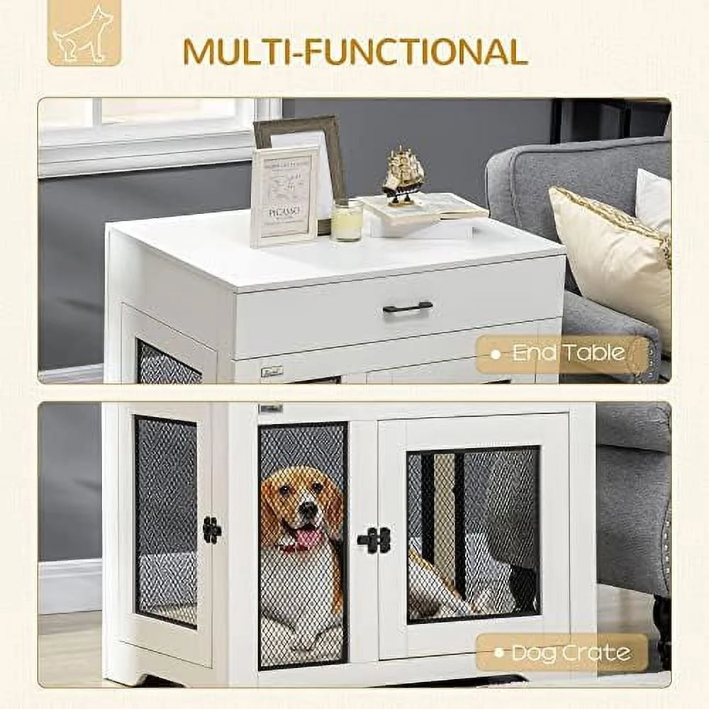White Dog Crate Furniture with Cushion and Drawer Q96474