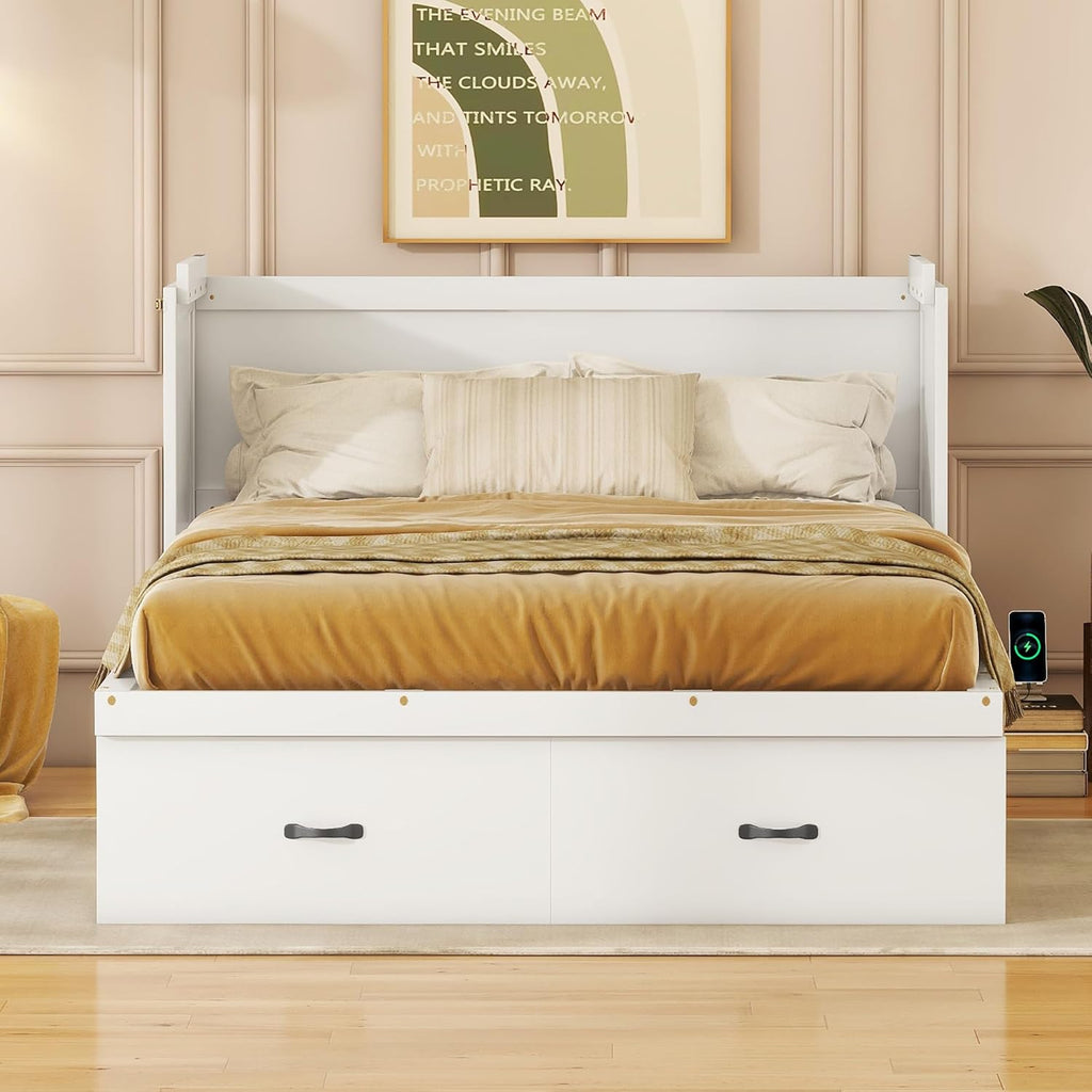 Full Size Murphy Bed Cabinet with Storage Drawer and USB Port, Wood Foldable Bedframe WallBed for Bedroom Apartment Small Spaces, White