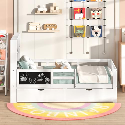 Giantex Full Bed with 2 Storage Drawers, Solid Wood Kids Bed Frame, White N580265