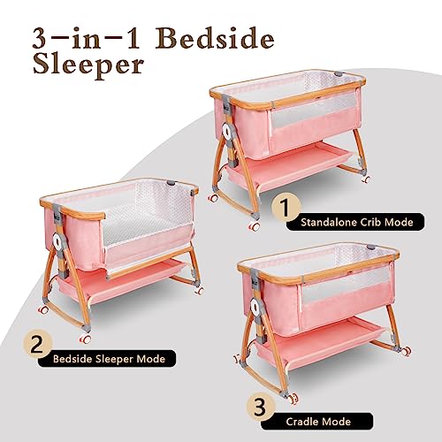 Baby Bassinet Bedside Sleeper with Wheels, 6 Height Adjustable, Light Grey L566