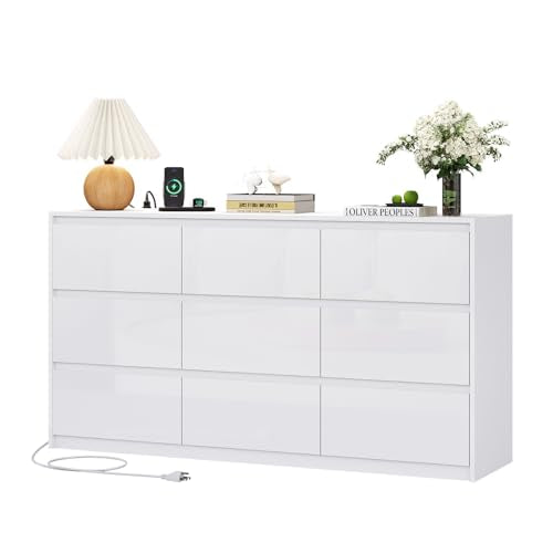 White 10 Drawer Dresser for Bedroom, High Gloss Modern TV Stand D4767