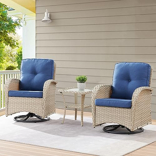 Outdoor Wicker Swivel Rocker Chairs Set of 2 with Rattan Side Table, Brown/Blue B592