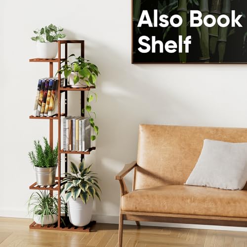 ROSSNY 48 Inch Tall 6-Tier Bamboo Plant Stand for Indoor Plants, Corner Plant Shelf, Natural W935552