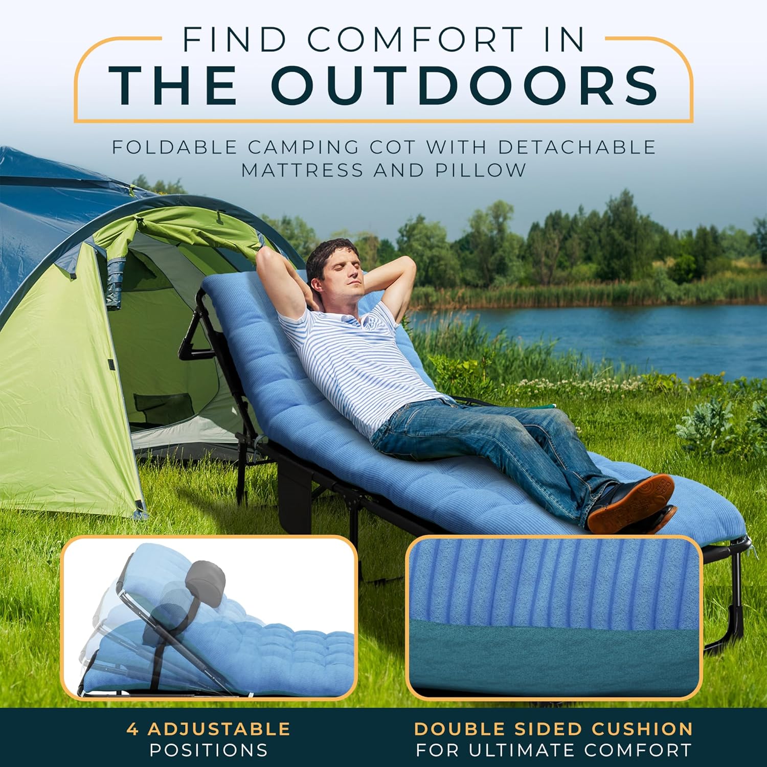 Folding Camping Cot Bed with Adjustable Positions, Pillow & Carrying Bag Y99300