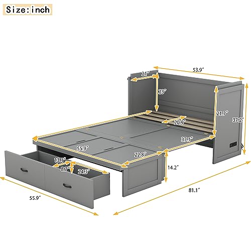 Queen Size Murphy Bed with Shelves and LED Lights, Foldable Wall Bed Frame, White-AB39 C474844