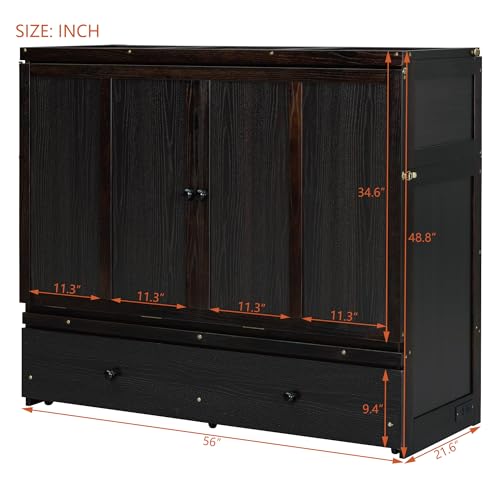 Queen Size Murphy Bed with Drawers and Charging Station, Espresso O1227