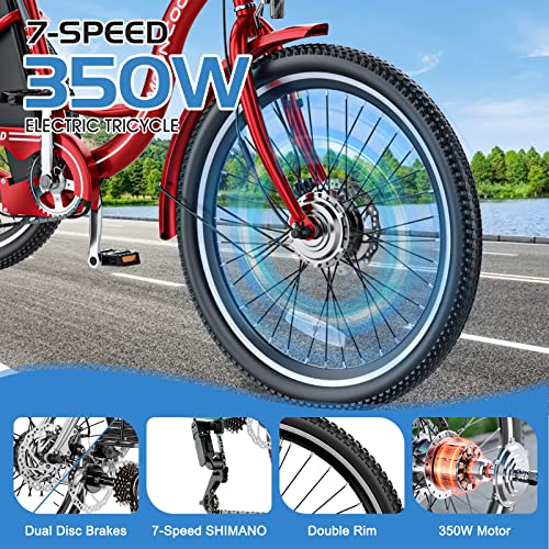 MOONCOOL Electric Tricycle for Adults, 350W 36V, 7 Speeds with Large Basket L833080