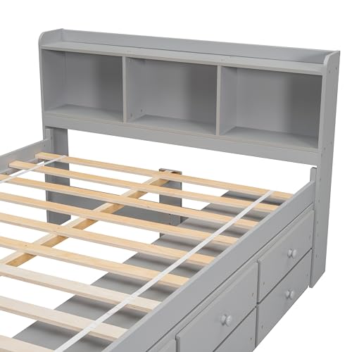SOFTSEA Full Size Platform Bed with Storage Drawers and Bookcase Headboard, White V613109