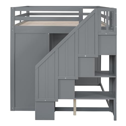 Harper & Bright Designs Twin Size Loft Bed with L-Shaped Desk and Stairs, Solid Wood, White D768