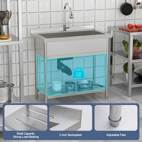 Lordear Stainless Steel Utility Sink 24 Inch Single Bowl Freestanding O589484