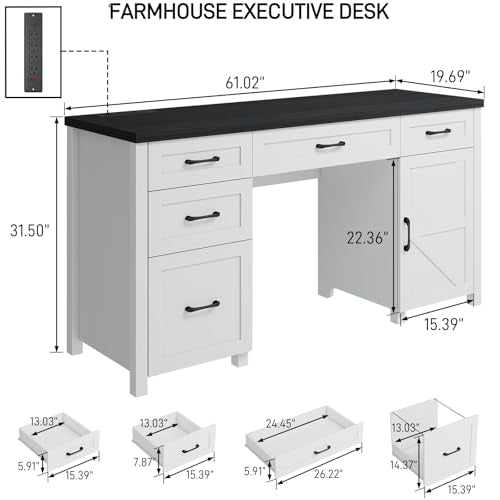 Farmhouse 61" Executive Desk with 5 Drawers and Charging Station, Pure Black W116439