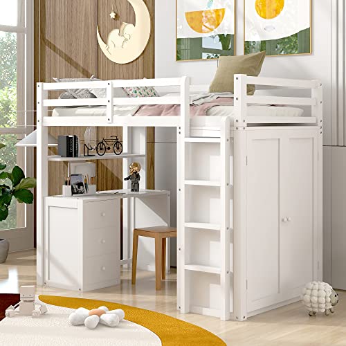 Harper & Bright Designs Full Loft Bed with Desk, Wardrobe, Solid Wood N868457