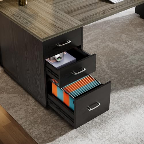 Tribesigns 85.8-Inch L-Shaped Executive Desk with File Drawers & Shelves, White & Brown I578