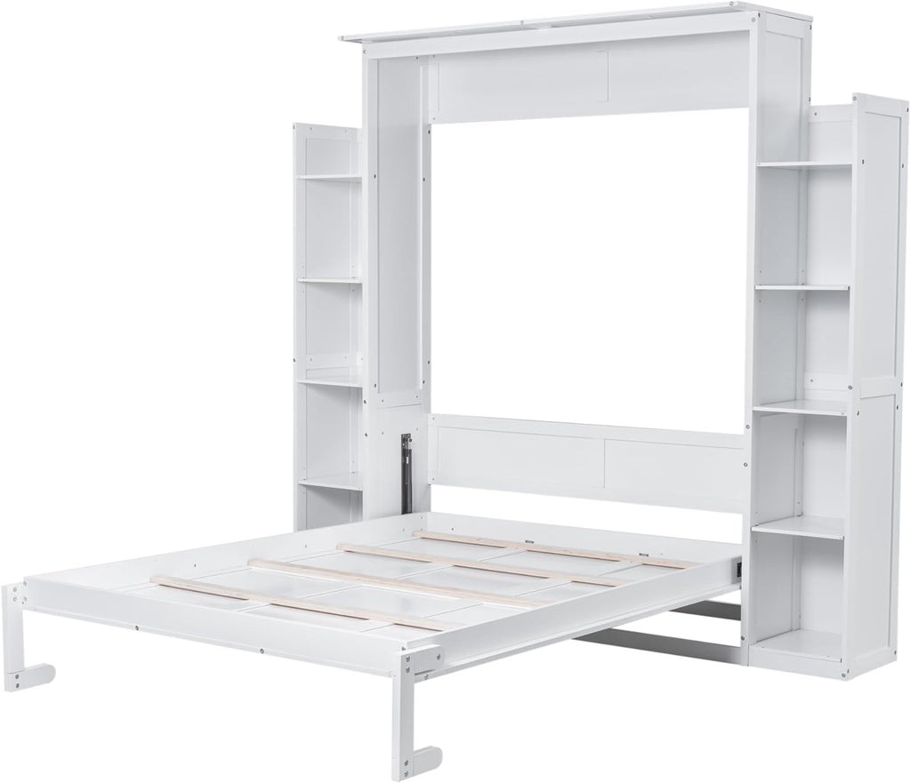 Merax Murphy Bed Queen Size Wooden Wall Bed with Shelves and LED Lights, White U14073
