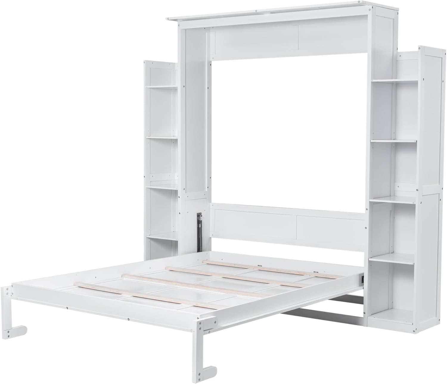 Merax Murphy Bed Queen Size Wooden Wall Bed with Shelves and LED Lights, White U14073