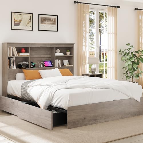 GarveeHome Full Size Bed Frame with Bookcase Headboard and Charging Station Z337