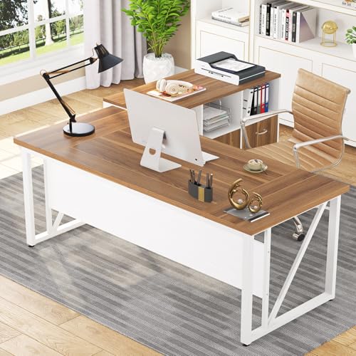 Tribesigns 63 inches Executive Desk and 47" lateral File Cabinet, L-Shaped Computer Desk Home Office Business Furniture with Drawers and Storage Shelves, Office Table,Brown and Black