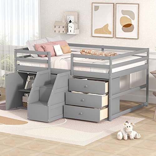 Full Size Low Loft Bed with Retractable Writing Desk and Storage Q64739