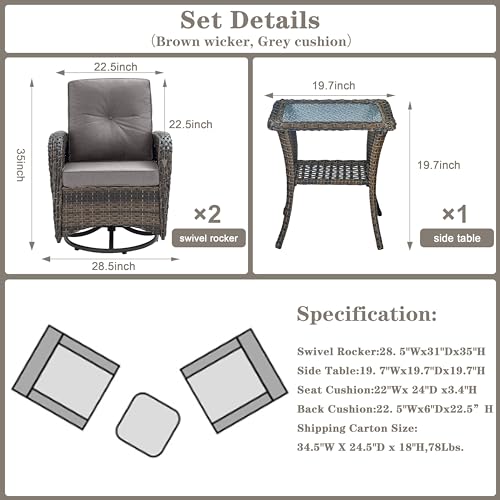 Outdoor Wicker Swivel Rocker Chairs Set of 2 with Rattan Side Table, Brown/Blue B592