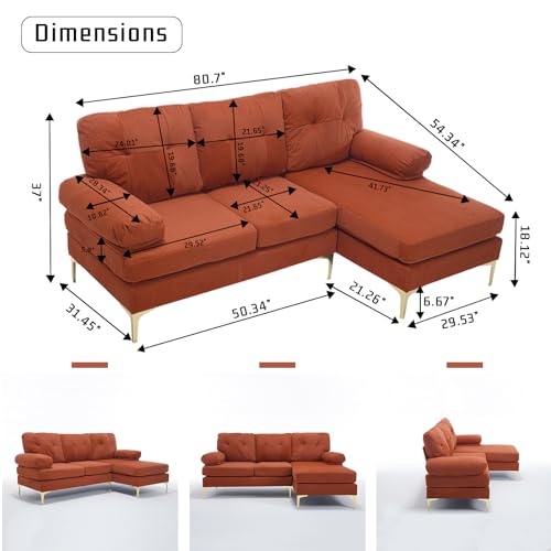 80.7" L Shaped Sleeper Sofa with Chaise, Chenille Fabric, Orange P292
