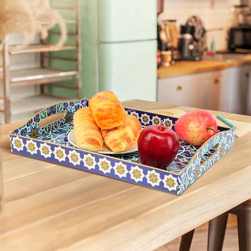 Gifturbo Blue Serving Tray with Handles, Rectangular Plastic Tray J15614