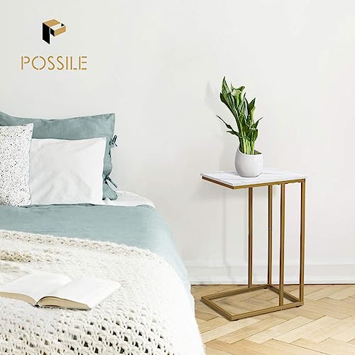 C Shaped Side Table Set of 2, Marble End Table for Sofa and Bed, White and Black O683294