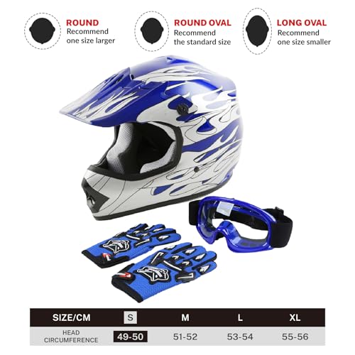 SLMOTO Dot Youth Kids Motocross Offroad Helmet with Goggles and Gloves Blue Skull D851858