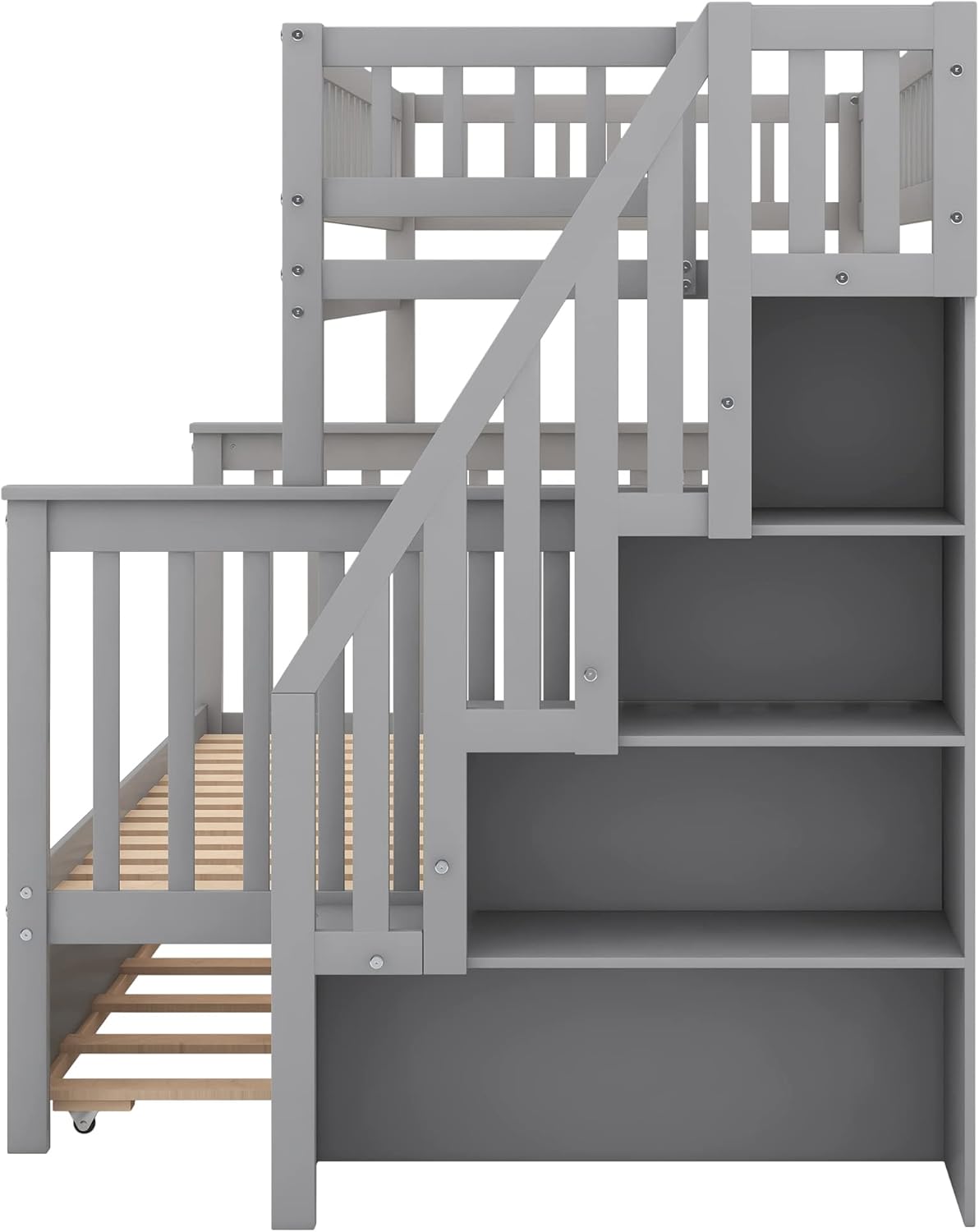 Twin Over Full Bunk Bed with Trundle, Wood Frame, Gray E6647