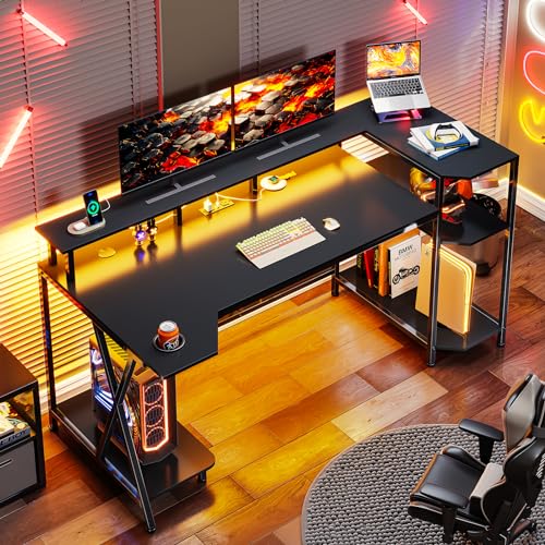 SEDETA Gaming Desk 70.8'' with LED Lights and Storage Shelves, Black Y2845