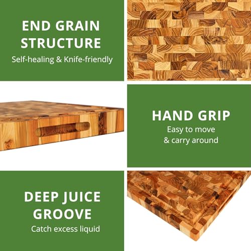 BEEFURNI Teak Wood End Grain Cutting Board with Juice Groove, Medium T51025
