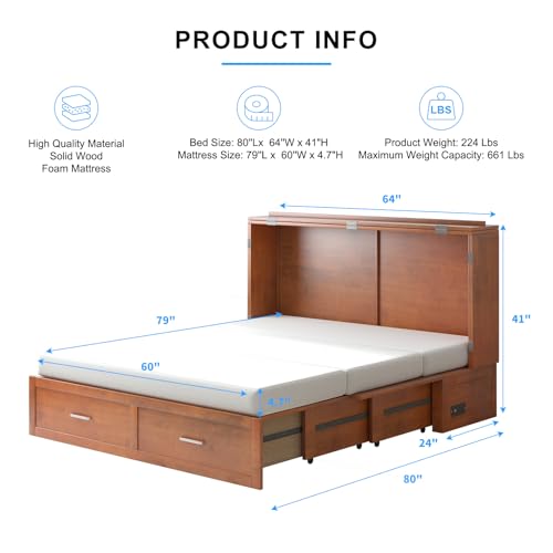 PUREMIND Queen Murphy Bed Cabinet with 2 Storage Drawers and USB Charging Station R5817