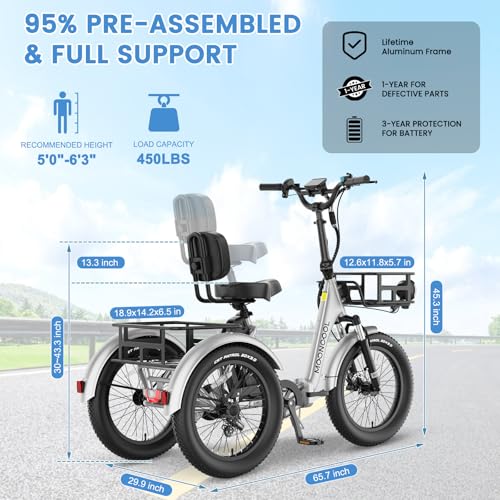 MOONCOOL Electric Trike for Adults, 20" Folding 3-Wheel Ebike, 500W Motor, Removable Battery W50658