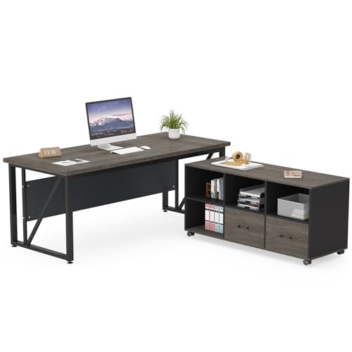Tribesigns 63" Executive Desk with 47" Lateral File Cabinet, L-Shaped Computer Desk, Brown and Black N680173
