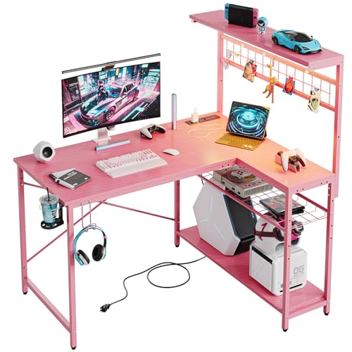 Bestier 42 L Gaming Desk with Power Outlets, LED Lights and Shelves D8630