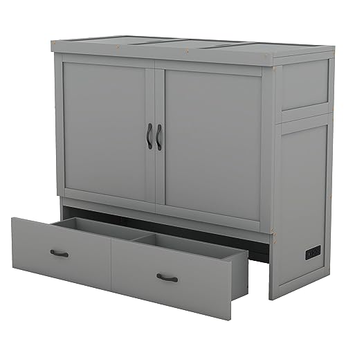 Queen Size Murphy Bed with Shelves and LED Lights, Foldable Wall Bed Frame, White-AB39 C474844