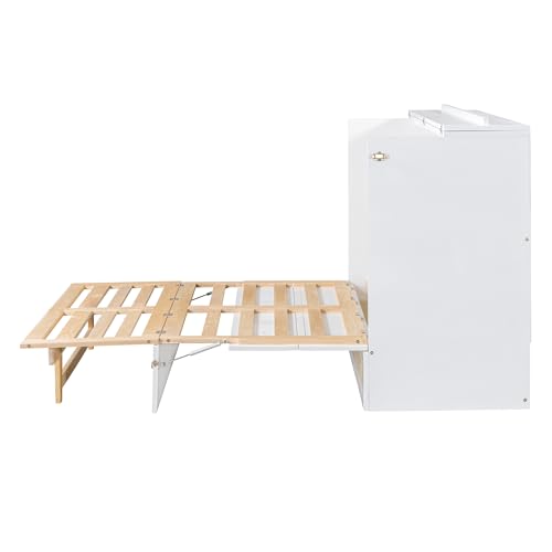 Ball & Cast Queen Size Solid Pine Murphy Bed with Charging Station, White + Walnut P2075