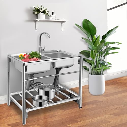 Outdoor Utility Sink Stainless Steel Double Bowl Free Standing with Hot and Cold Faucet L5338