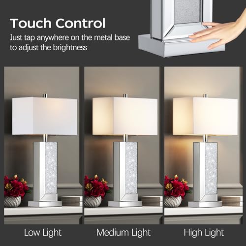 Modern Table Lamp Set of 2, Touch Control, Silver Crystal Bedside Lamp with USB Ports I576