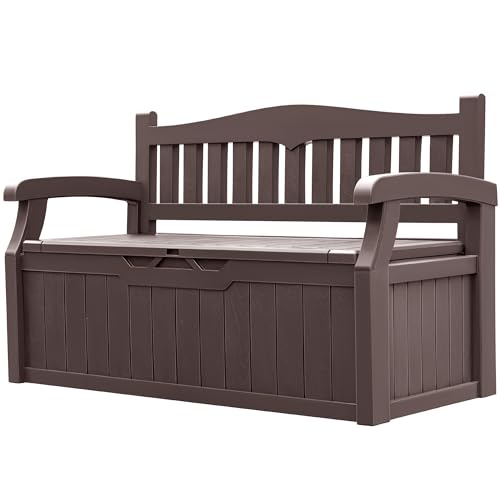 Greesum 80 Gallon Outdoor Storage Bench, Resin Patio Furniture with Armrest,Waterproof and UV-Resistant, Perfect to Garden, Poolside and Lawn, Dark Black