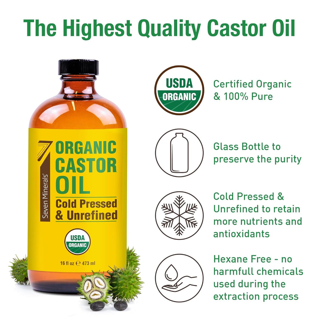Seven Minerals Organic Cold Pressed Castor Oil, 16 fl oz Glass Bottle K5370