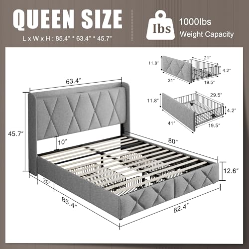 Queen Bed Frame with 4 Storage Drawers and Charging Station, Black S804993