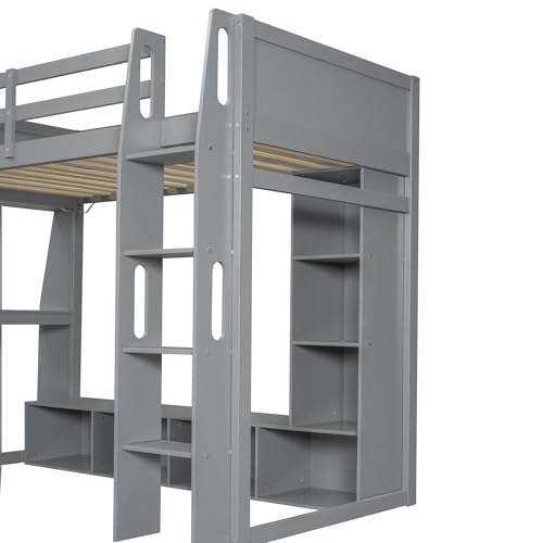 SOFTSEA Full Size Loft Bed with Desk, Storage and LED Lights, Solid Wood, Grey Q282